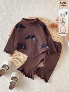 SHEIN 2pcs/Set Infant Girls Casual Vintage Brown Bow 3D Decor High Neck Long Sleeve Asymmetric Top + Flared Pants Fleece Set, Suitable For Daily Wear In Autumn/Winter - Brown - View 4