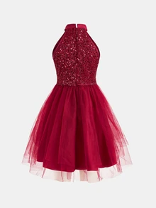 SHEIN Tween Girls Red Halter Neck Waist-Cinching Sequin Mesh Dress, Princess Style, Versatile Elegant Glamorous For Holiday Party, Prom - Burgundy - View 2