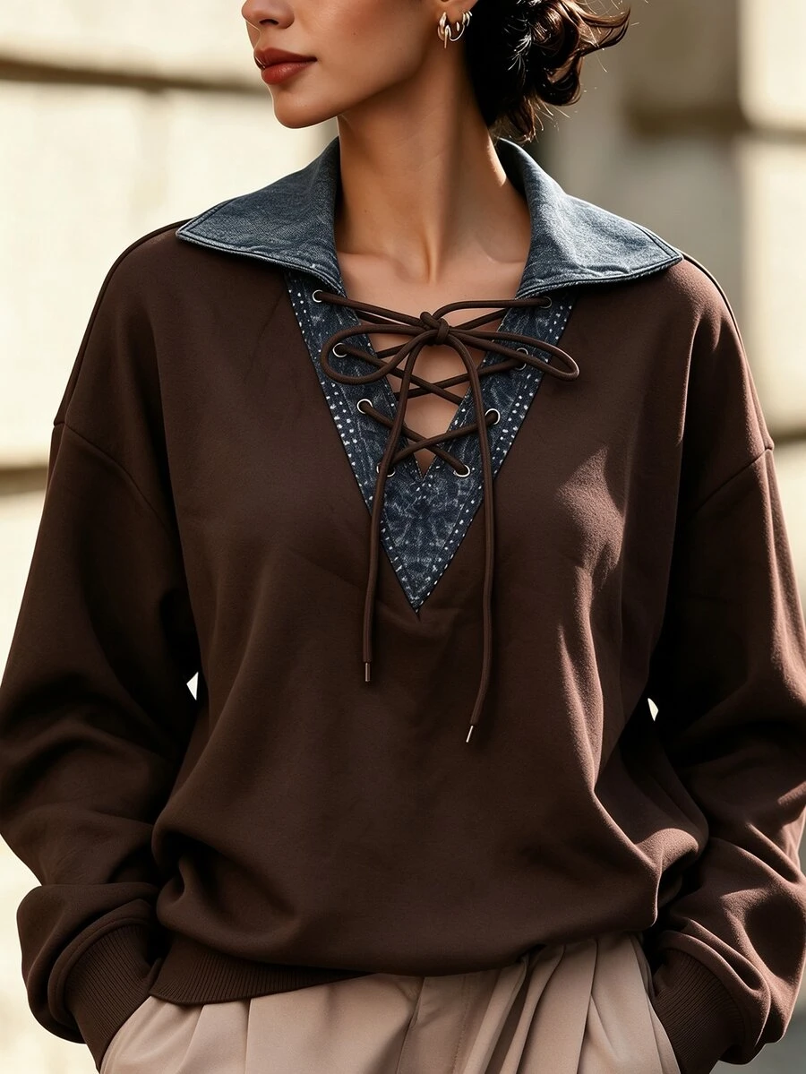 LUMIGAL Women's V-Neck Fashion Colorblock Contrast Tie Collar Casual Versatile Commute Pullover Sweatshirt - Coffee Brown - View 1