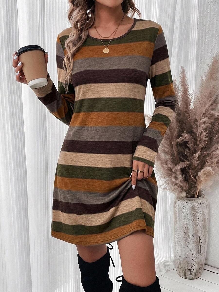 SHEIN LUNE 女款休閒條紋拼色長袖短洋裝,適合秋冬穿著 - 彩色 - 查看 1