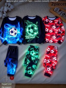 Boys' Autumn/Winter High Elasticity Snug Fit Colorful Football Print Long Sleeve Pajama Set, Cool Glow-In-The-Dark Design, Suitable For Outdoor Wear - Blue - View 1