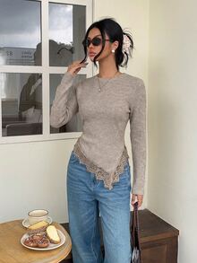 SHEIN Frenchy 女款羅紋長袖上衣，蕾絲飾邊修身圓領內搭衫，秋冬優雅正式奢華商務時尚基礎款聖誕風 - 棕色 - 查看 6