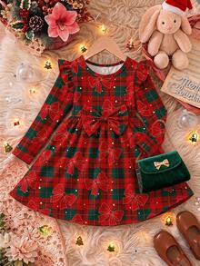 Baby Girl Sweet Bow Cartoon Print Fashion Long Sleeve Dress Suitable For Autumn/Winter - Multicolor - View 6