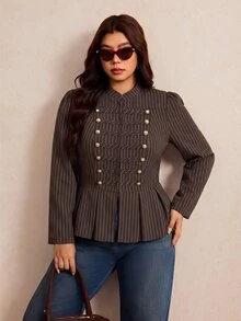 Elaquor Jaket Lengan Panjang Bergaris Kancing Ganda Gaya Vintage Ukuran Besar - MultiWarna - View 5