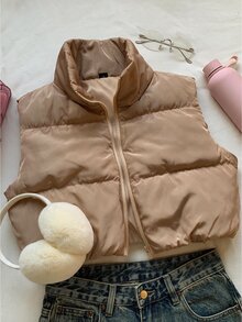 CovetEZ 女款簡約冬季加厚棉墊背心外套 - 卡其色 - 查看 1