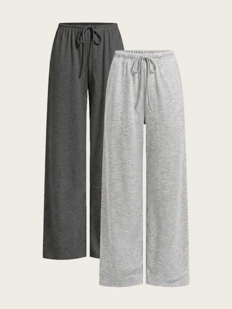 SHEIN EZwear 舒適黑色米色針織長直筒褲，附口袋設計，休閒基礎款，夏季居家休閒褲 - 彩色 - 查看 1