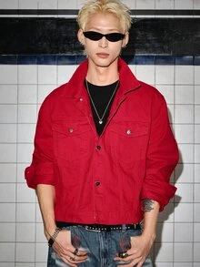 ROMWE MEN Men's Red Letter Print Streetwear Denim Jacket - Red - View 4