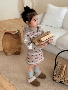 Dazy Kids Infant (Girl) Hooded Mesh Christmas Korean Style Long Sleeve Autumn/Winter Sweater Set - Coffee Brown - View 5