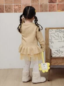 Dazy Kids Infant/Toddler (Girl) Round Neck Ruffle Trim Korean Style Long Sleeve Autumn/Winter Cardigan - Khaki - View 2