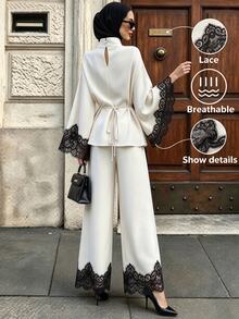 SHEIN Unity Women's Lace Patchwork Top And Long Pants Casual Daily 2 Pieces Set - Apricot - View 2
