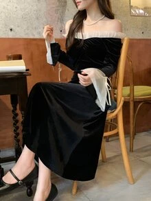 DAZY فستان نسائي بياقة على شكل حرف V بأسلوب كوري مع كتل لونية وأكمام طويلة وطول متوسط للحفلات - الأسود - مشاهدة 7