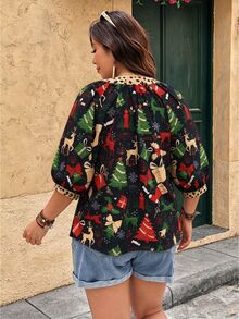 Linhara Fashion Casual Vacation Vintage Elegant Commute 3/4 Sleeve Blue Printed Blouse Fall - Multicolor - View 2