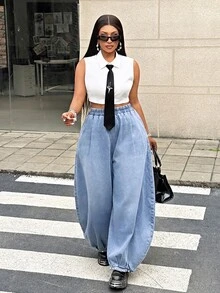 Slaydiva Plus Size Women's Elastic Waist Casual Loose Wide Leg Denim Jeans - Black - View 7