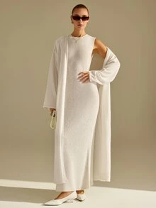 CLARA VERO Cream Maxi Dress Cardigan Knit Set, Loose Fit, Weekend Gatherings, Sleeveless Maxi, Fluffy Knit - White - View 4