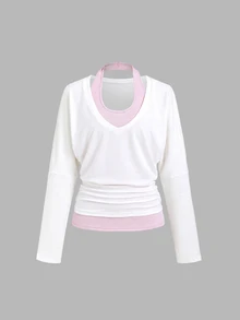 Sweetra Women's Autumn Striped Tank Top & V-Neck Cinched Waist Long Sleeve Sweatshirt 2 Pieces Set - White - View 1