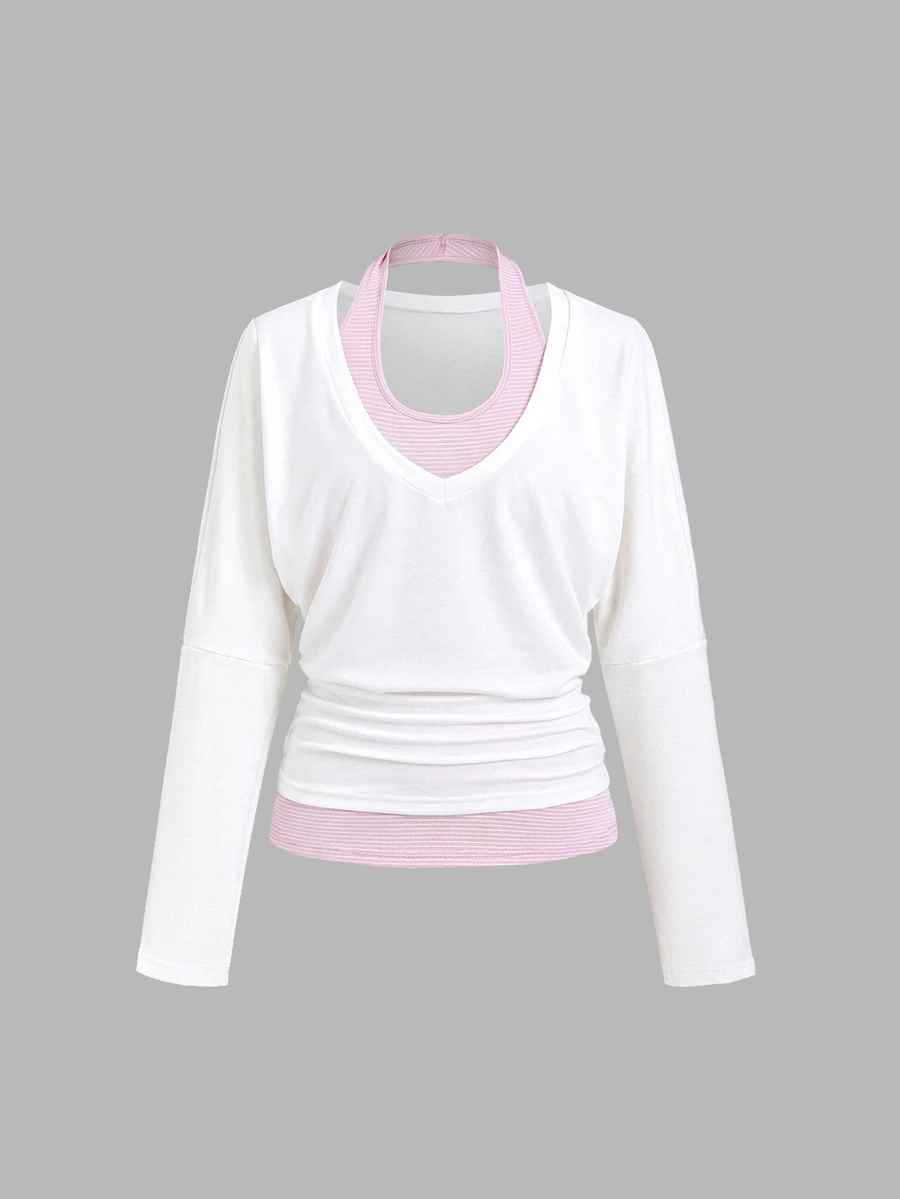 Sweetra Women's Autumn Striped Tank Top & V-Neck Cinched Waist Long Sleeve Sweatshirt 2 Pieces Set - White - View 1