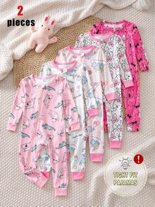 Autumn/Winter Knit Thin Round Neck Contrast Color Pink Cute Fun Elephant Colorful Balloon Little Rabbit Digital Print Popular Hot-Selling Pattern Long Sleeve Jumpsuit Zipper Design Slim Fit Comfortable Soft Fabric 2 Pieces Pajama Set Loungewear - Multicolor - View 1