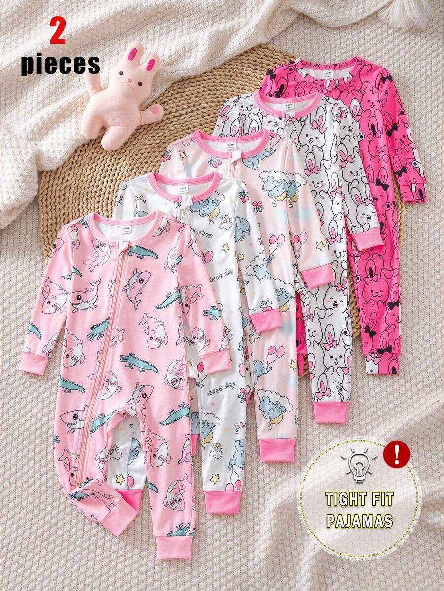 Autumn/Winter Knit Thin Round Neck Contrast Color Pink Cute Fun Elephant Colorful Balloon Little Rabbit Digital Print Popular Hot-Selling Pattern Long Sleeve Jumpsuit Zipper Design Slim Fit Comfortable Soft Fabric 2 Pieces Pajama Set Loungewear - Multicolor - View 1