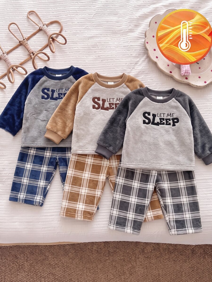 2pcs Men's Comfortable Soft Navy Blue Fleece Raglan Sleeve Sleepwear Set With Slogan Patch Embroidery, Long Sleeve Crew Neck Top And Blue Plaid Fleece Long Pants - Royal Blue - View 1