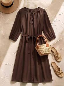 Rusticease Plus Size Minimalist Button Long Sleeve Versatile Dress - Brown - View 7
