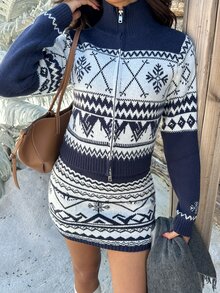 Sweetra Autumn/Winter Fair Isle Long Sleeve Sweater And Mini Skirt 2 Pieces Set - Multicolor - View 5