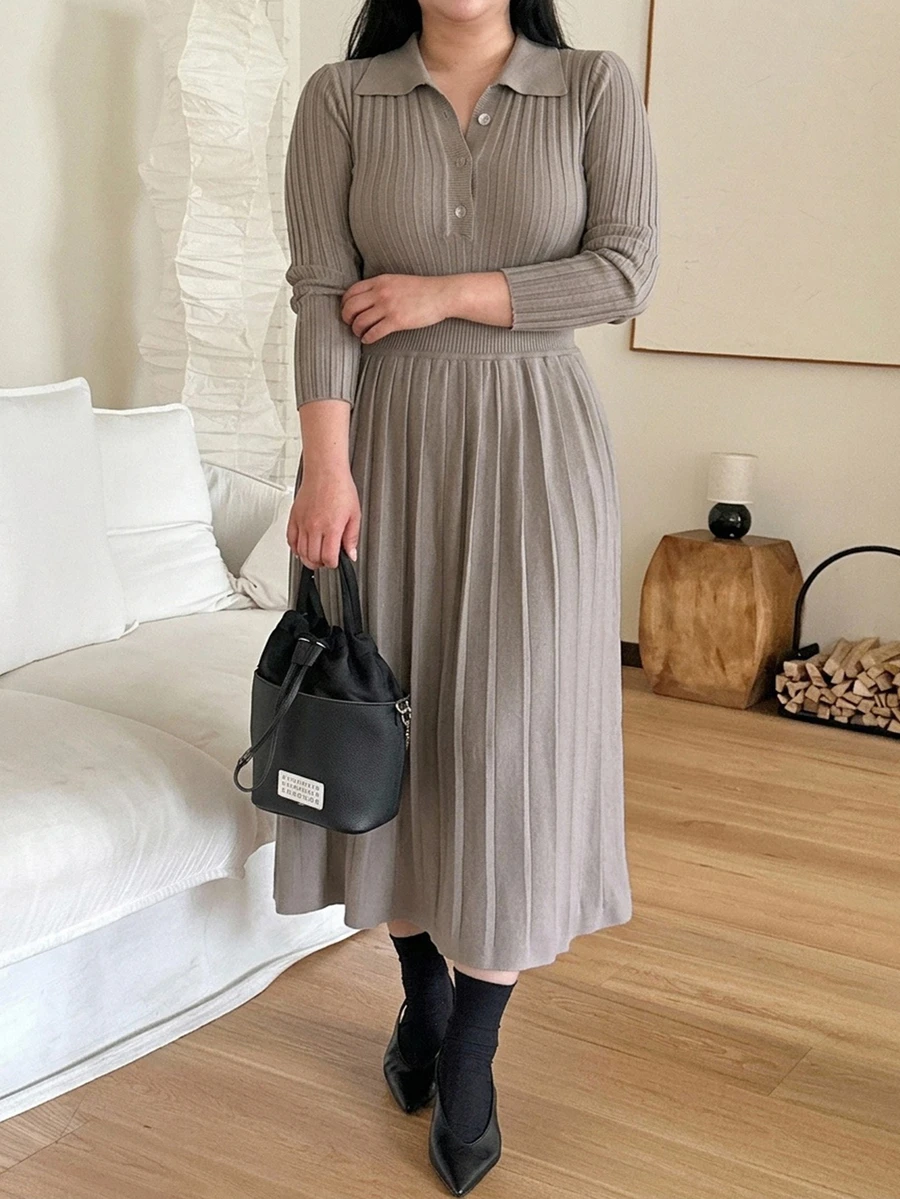 Dazy Plus Solid Color Fitted Elegant Mid-Length Fun Commuter Sweater Dress - Grey - View 1