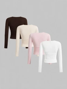 SHEIN EZwear 黑色卡其色深棕色白色針織女款圓領長袖抓皺緊身T恤 日常秋季極簡基礎簡約 - 彩色 - 查看 2