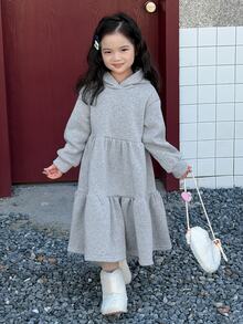 Dazy Kids Young Girl Solid Color Pleated Casual Daily Hooded Dress - Grey - View 8