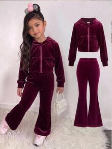 SHEIN Young Girl Fashion Casual Knitted Flocked Solid Color Hooded Cardigan Jacket Set, Suitable For Spring, Autumn And Winter - Burgundy - View 9