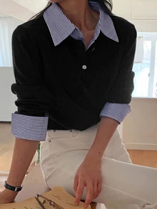 DAZY 女款拼接撞色 2 合 1 連袖領休閒度假韓風秋冬針織衫 - 黑色 - 查看 7