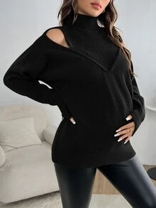 SHEIN 孕婦純色露肩長袖休閒針織衫，秋冬款 - 黑色 - 查看 5