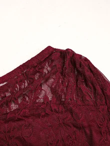 SHEIN 青少年女孩兒童深紅色不對稱領口蕾絲拼接喇叭袖中長洋裝 派對秋季休閒優雅款 萬聖節蕾絲洋裝 - 酒紅色 - 查看 5