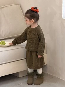 Dazy Kids Infant/Toddler (Girl) Round Neck Long Sleeve Autumn/Winter 3D Korean Style Sweater & Skirt Set, Versatile Outfit - Dark Green - View 3