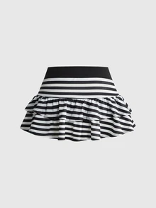 ROMWE Grunge Punk Y2K Millennium Sexy Striped Preppy Style Tube Top & Mini Skirt 2 Pieces Set - Black and White - View 9