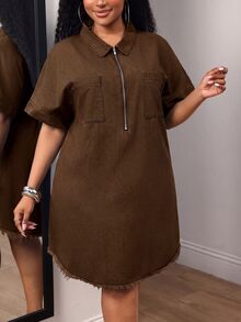 SHEIN SXY Gaun Denim Kasual Sehari-hari Musim Panas untuk Wanita Ukuran Plus - Coklat - View 4