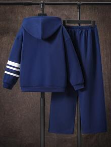 SHEIN Little Byeori 2件組兒童青少年男孩運動休閒日常舒適白色字母圖案與白色條紋海軍藍寬鬆連帽拉鍊運動衫與長褲套裝，適合外出、學校、日常運動，秋冬穿著 - 寶藍色 - 查看 5