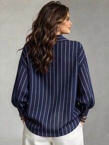 Ceyna Plus Size Pure Cotton Shirt, Navy Blue With White Stripes, Button-Down, Long Sleeve, Versatile Innerwear/Outerwear, Casual Commute Top - Navy Blue - View 2