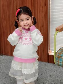 DAZY Infant/Toddler (Girl) Round Neck Heart Pattern Korean Style Autumn/Winter Long Sleeve Sweater - Multicolor - View 5