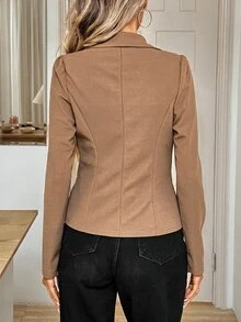 SHEIN LUNE 軍綠色針織短版輕量飛行夾克西裝外套，教師節商務休閒女裝，秋季冬季女裝 - 駝色 - 查看 2