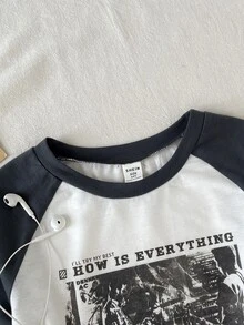 SHEIN Tween Girls Tween Girl Raglan Sleeve Print Pullover T-Shirt, Vintage Soft Comfortable Casual Everyday Versatile - White - View 5