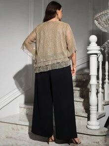 SHEIN Clasi 大尺碼時尚派對晚宴亮片上衣長褲兩件套 婚禮黑色夏季優雅 - 杏色 - 查看 2