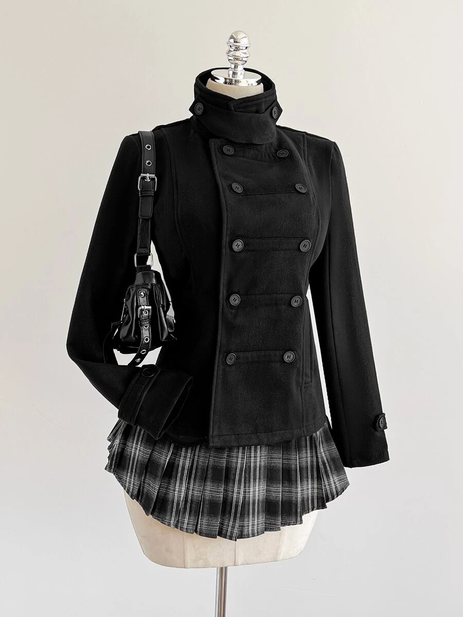 Elamini Women's Cinched Waist Long Sleeve Stand Collar Overcoat - Black - View 1