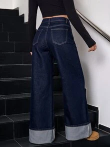 SHEIN Tall 冬季女款休閒水洗復古時髦翻邊設計寬腿牛仔褲，適合高個女性 - 深色水洗藍 - 查看 2