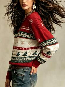 INAWLY Christmas Style Crew Neck Fair Isle Jacquard Sweater, Vintage Christmas Tree & Snowflake Contrast Color Long Sleeve Knit Top - Multicolor - View 4