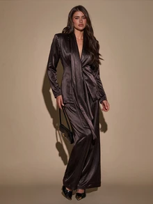 SHEIN BAE Women's Elegant Long Sleeve Jacket And Pants Suit Set - Brown - View 3