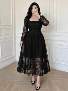 Vibekara Plus Size French Square Neck Lace Dress For Women, Ruffle Long Sleeve, Cinched Waist, Flared Midi Length, Elegant Slimming Long Dress - Black - View 5