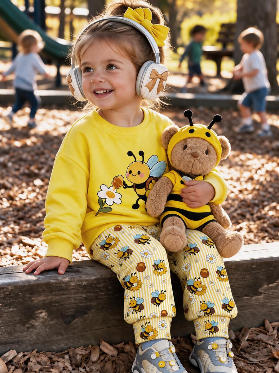 Baby Girl Little Bee Floral Print Thick Sweatshirt And Jogger Pants Set For Outings And Outdoor - Multicolor - View 1