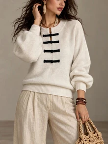 Linhara CURVE 1pc Women's Plus Size Vintage Old Money Style Frog Button Lantern Sleeve Knit Pullover Sweater, Suitable For Daily Commute, Spring And Autumn - Beige - View 7