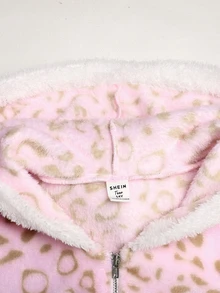 SHEIN 青少年女孩秋冬休閒街頭時尚甜酷雙面法蘭絨豹紋拼接撞色連帽拉鍊口袋加厚運動外套，適合返校與日常穿著 - 粉色 - 查看 5