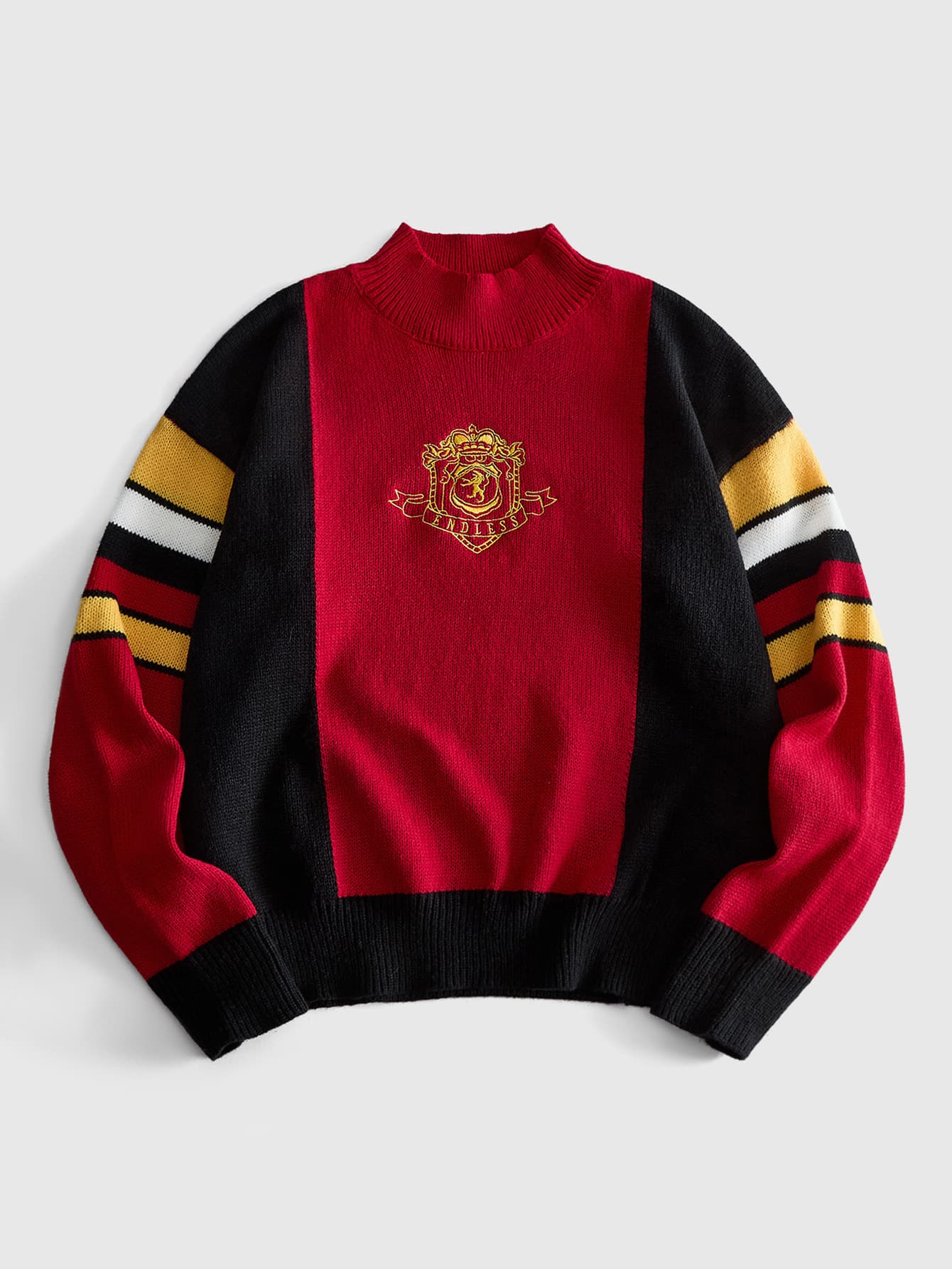 ROMWE MEN Men's Motorcycle Style Streetwear Colorblock Pullover Embroidered Sweater - Red - View 1